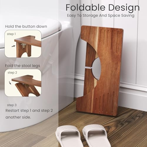 Banquillo de Baño Danfoxer de Madera de Acacia de 7 Pulgadas, Escalón Plegable Antideslizante para Adultos, Sin Necesidad de Ensamblaje - imagen 3