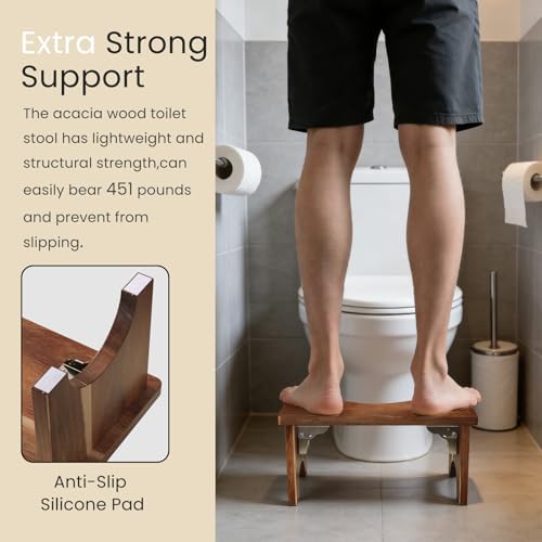 Banquillo de Baño Danfoxer de Madera de Acacia de 7 Pulgadas, Escalón Plegable Antideslizante para Adultos, Sin Necesidad de Ensamblaje - imagen 4