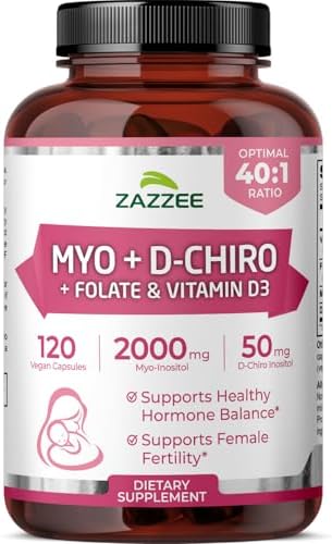 Zazzee Myo & D-Chiro Inositol Ideal 40:1 con Vitamina D3 y Folato, 120 Cápsulas Veganas, Suplemento de Salud Femenina, No GMO, Hecho en EE. UU. - imagen 1