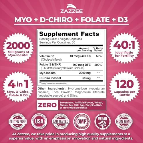 Zazzee Myo & D-Chiro Inositol Ideal 40:1 con Vitamina D3 y Folato, 120 Cápsulas Veganas, Suplemento de Salud Femenina, No GMO, Hecho en EE. UU. - imagen 2