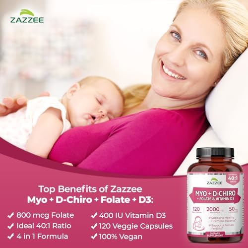 Zazzee Myo & D-Chiro Inositol Ideal 40:1 con Vitamina D3 y Folato, 120 Cápsulas Veganas, Suplemento de Salud Femenina, No GMO, Hecho en EE. UU. - imagen 3