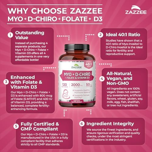 Zazzee Myo & D-Chiro Inositol Ideal 40:1 con Vitamina D3 y Folato, 120 Cápsulas Veganas, Suplemento de Salud Femenina, No GMO, Hecho en EE. UU. - imagen 6