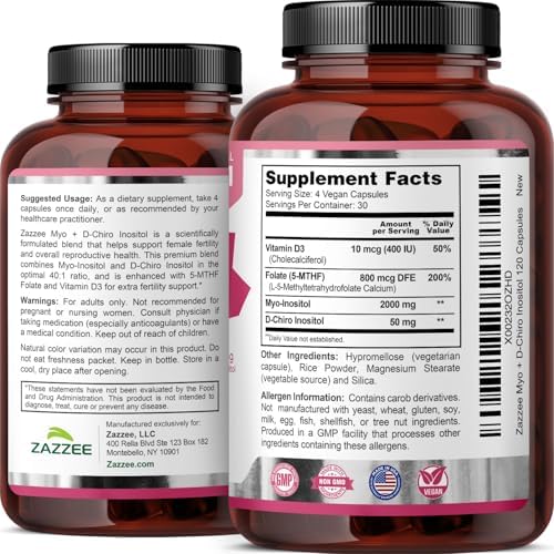 Zazzee Myo & D-Chiro Inositol Ideal 40:1 con Vitamina D3 y Folato, 120 Cápsulas Veganas, Suplemento de Salud Femenina, No GMO, Hecho en EE. UU. - imagen 8