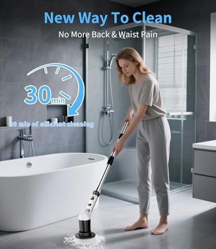 Limpiador Eléctrico de Espinillas con 3 Velocidades, Mango Extensible Ajustable, 8 Cabezas de Cepillo, Cepillo Inalámbrico para Baño, Azulejos y - imagen 2