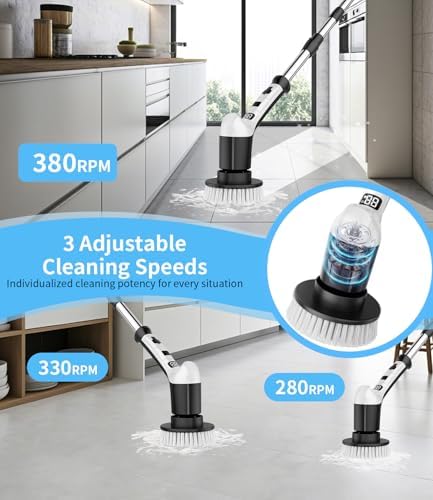 Limpiador Eléctrico de Espinillas con 3 Velocidades, Mango Extensible Ajustable, 8 Cabezas de Cepillo, Cepillo Inalámbrico para Baño, Azulejos y - imagen 3
