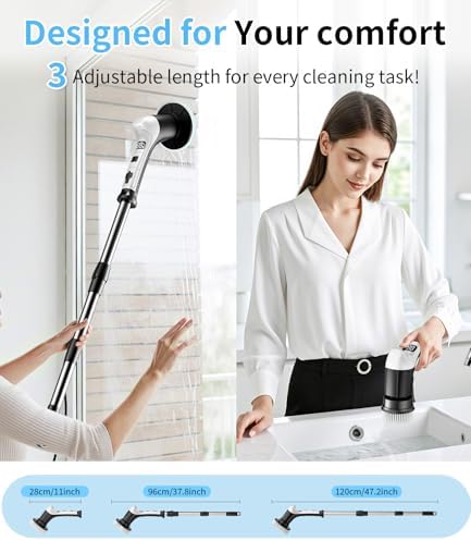 Limpiador Eléctrico de Espinillas con 3 Velocidades, Mango Extensible Ajustable, 8 Cabezas de Cepillo, Cepillo Inalámbrico para Baño, Azulejos y - imagen 4