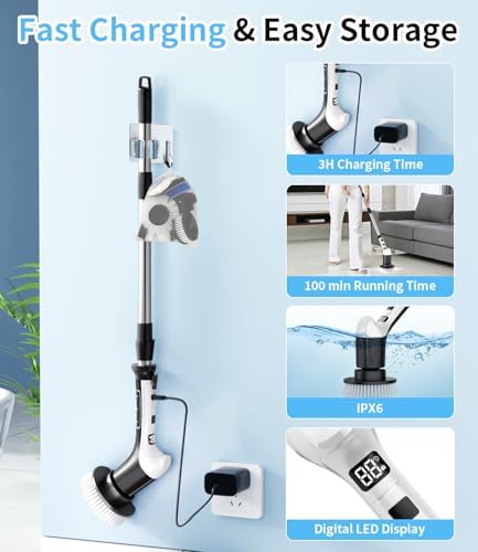 Limpiador Eléctrico de Espinillas con 3 Velocidades, Mango Extensible Ajustable, 8 Cabezas de Cepillo, Cepillo Inalámbrico para Baño, Azulejos y - imagen 5