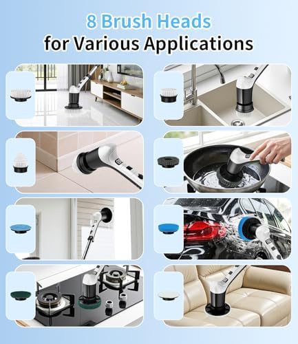 Limpiador Eléctrico de Espinillas con 3 Velocidades, Mango Extensible Ajustable, 8 Cabezas de Cepillo, Cepillo Inalámbrico para Baño, Azulejos y - imagen 7