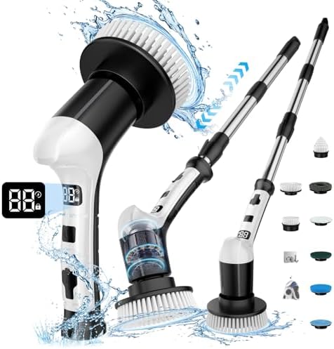 Limpiador Eléctrico de Espinillas con 3 Velocidades, Mango Extensible Ajustable, 8 Cabezas de Cepillo, Cepillo Inalámbrico para Baño, Azulejos y - imagen 8