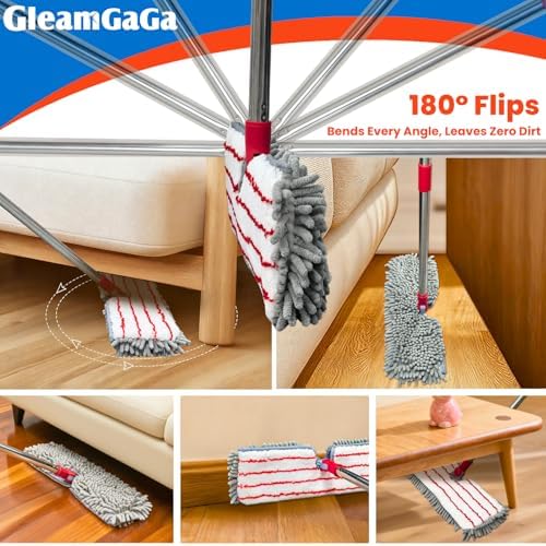 Mopa de Microfibra para Limpieza de Pisos, Mopa Plana con 4 Almohadillas Lavables, Mopa Doble Cara para Uso Húmedo y Seco, Mango Extensible de 62” - imagen 7
