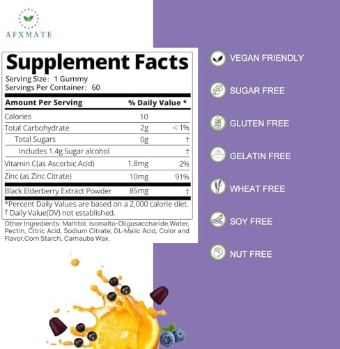 Gomitas AFXMATE de Saúco, Saúco Negro con Zinc y Vitamina C para Adultos, Suplemento Inmunológico Sin Azúcar para Niños (Paquete de 2) - imagen 2
