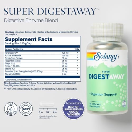 SOLARAY Super Digestaway Enzimas Digestivas - Pancreatina, Papaina, Jengibre, Pepsina, Betaína HCl, Aloe Vera y Más - Apoyo a la Digestión y - imagen 2