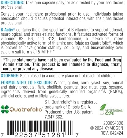 XYMOGEN Complejo de Vitaminas B - Vitaminas B Activadas con Benfotiamina y Quatrefolic - Apoyo para Adrenales, Inmunidad y Sistema Nervioso - 30 - imagen 6