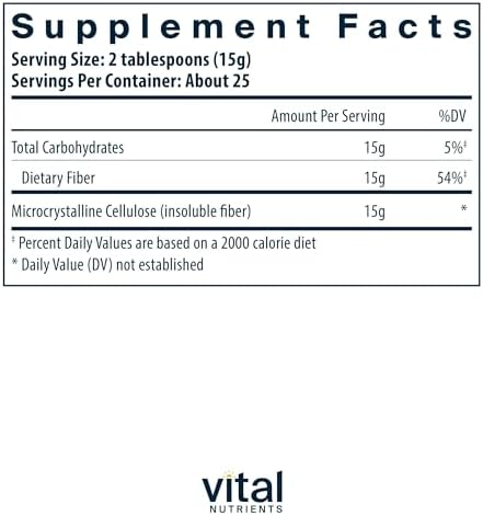 Vital Nutrients Polvo de Fibra de Celulosa - 375g - Suplemento de Fibra Insoluble para Función Intestinal Saludable - Libre de Gluten, Lácteos y Soja - imagen 2
