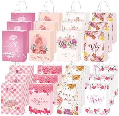 FULJOOY 48PCS Bolsas de Regalo para el Día de las Madres con Asa, Diseño Floral Rosa, Surtido para Decoraciones y Suministros de Fiestas - imagen 1