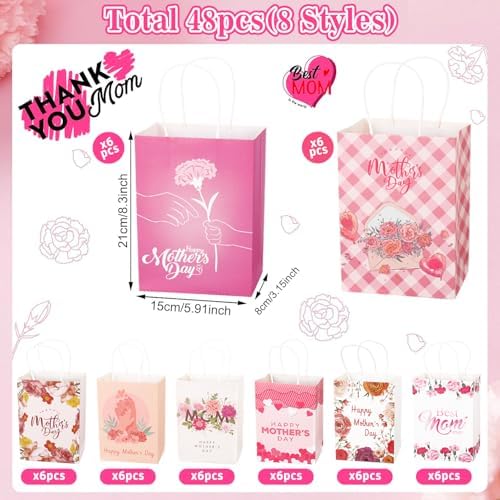 FULJOOY 48PCS Bolsas de Regalo para el Día de las Madres con Asa, Diseño Floral Rosa, Surtido para Decoraciones y Suministros de Fiestas - imagen 2