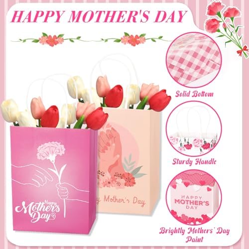 FULJOOY 48PCS Bolsas de Regalo para el Día de las Madres con Asa, Diseño Floral Rosa, Surtido para Decoraciones y Suministros de Fiestas - imagen 3