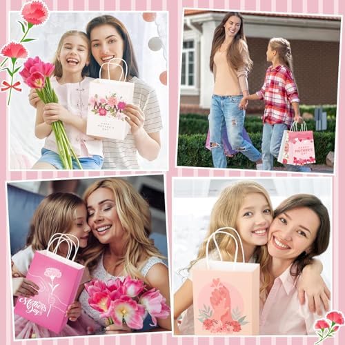 FULJOOY 48PCS Bolsas de Regalo para el Día de las Madres con Asa, Diseño Floral Rosa, Surtido para Decoraciones y Suministros de Fiestas - imagen 5