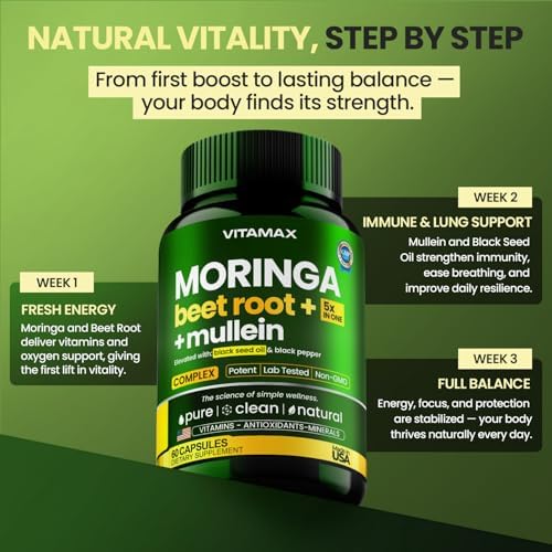 Cápsulas de Moringa, Raíz de Betabel y Hoja de Malva - Suplemento Energético, para la Piel e Inmunidad - Rico en Antioxidantes y Vitaminas - 60ct - imagen 2