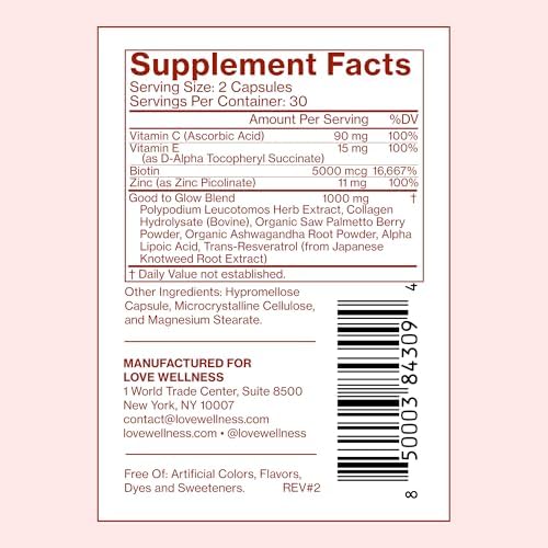Love Wellness Good to Glow | Suplemento de colágeno con biotina, vitamina C, E, ashwagandha y zinc | Piel suave, radiante y clara | 60 cápsulas - imagen 6