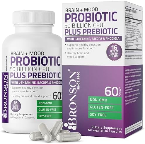 Probiotico Bronson Brain + Mood 50 Mil Millones CFU con Prebiótico, L-Theanina, Bacopa y Rhodiola, 60 Cápsulas Vegetarianas Non-GMO - imagen 1