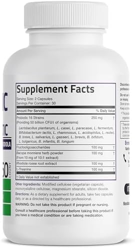 Probiotico Bronson Brain + Mood 50 Mil Millones CFU con Prebiótico, L-Theanina, Bacopa y Rhodiola, 60 Cápsulas Vegetarianas Non-GMO - imagen 2