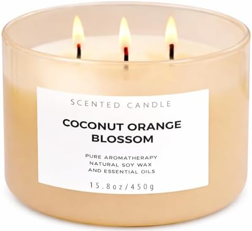 Vela de Coco y Flor de Naranja | Vela Grande de Soja de 3 Mechas 15.8 oz | Aroma Tropical Cítrico Floral para el Hogar | Larga Duración y Limpia | - imagen 1