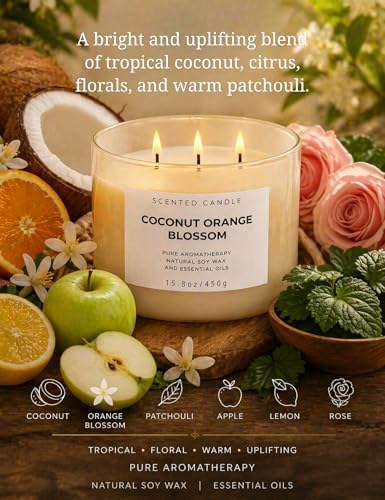 Vela de Coco y Flor de Naranja | Vela Grande de Soja de 3 Mechas 15.8 oz | Aroma Tropical Cítrico Floral para el Hogar | Larga Duración y Limpia | - imagen 2