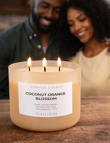 Vela de Coco y Flor de Naranja | Vela Grande de Soja de 3 Mechas 15.8 oz | Aroma Tropical Cítrico Floral para el Hogar | Larga Duración y Limpia | - imagen 3