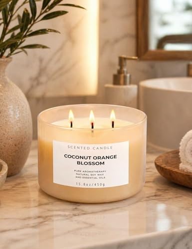Vela de Coco y Flor de Naranja | Vela Grande de Soja de 3 Mechas 15.8 oz | Aroma Tropical Cítrico Floral para el Hogar | Larga Duración y Limpia | - imagen 4