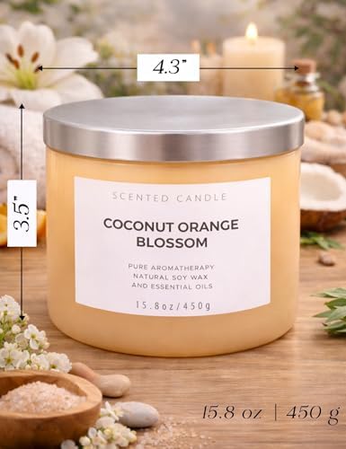Vela de Coco y Flor de Naranja | Vela Grande de Soja de 3 Mechas 15.8 oz | Aroma Tropical Cítrico Floral para el Hogar | Larga Duración y Limpia | - imagen 5