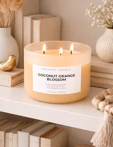 Vela de Coco y Flor de Naranja | Vela Grande de Soja de 3 Mechas 15.8 oz | Aroma Tropical Cítrico Floral para el Hogar | Larga Duración y Limpia | - imagen 7