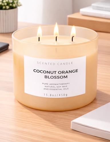 Vela de Coco y Flor de Naranja | Vela Grande de Soja de 3 Mechas 15.8 oz | Aroma Tropical Cítrico Floral para el Hogar | Larga Duración y Limpia | - imagen 8
