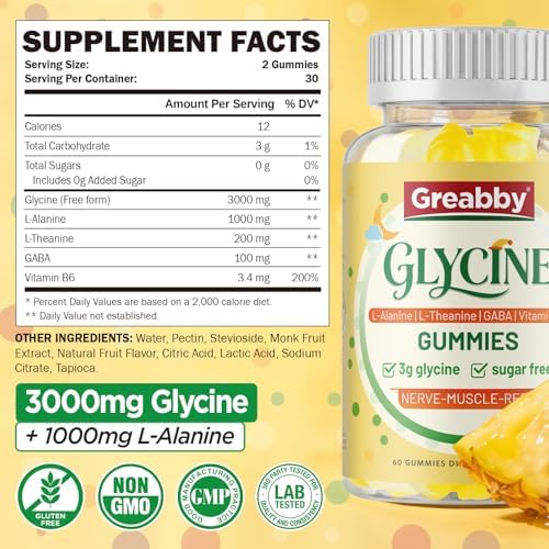 Suplementos de Glycine GREABBY, Gominolas de Glycine 3g, Alanina 1000 mg para Sueño Muscular, L Teanina, GABA, Vitamina B6, Alta Absorción, Sin - imagen 8
