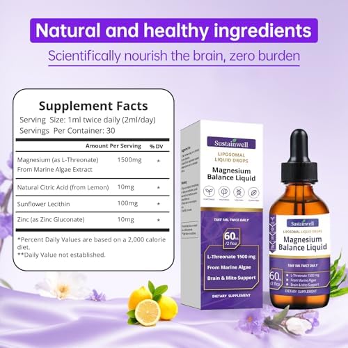 Gotas Líquidas de Magnesio L-Treonato 1500mg - Suplemento Cerebral para Memoria, Enfoque y Sueño, Sin Azúcar, Vegano, 2.04 Fl Oz, Certificado GMP - imagen 6