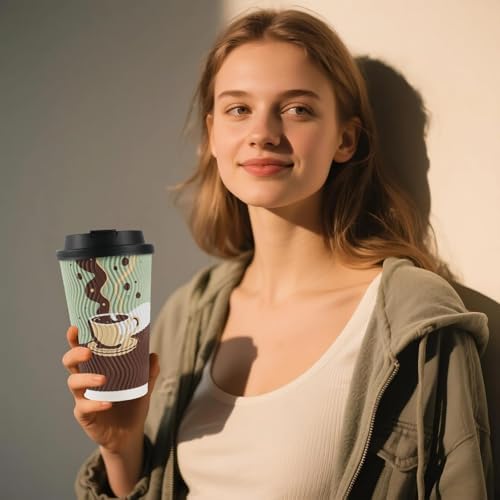 Tazas de café desechables de 16 oz con tapas, paquete de 48, tazas de papel aisladas con pared acanalada para bebidas calientes o frías, viaje, - imagen 2