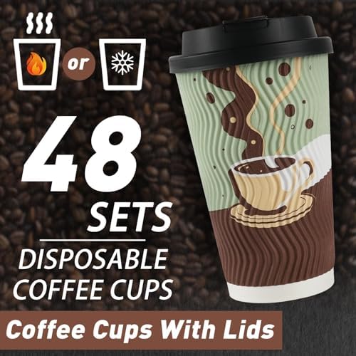 Tazas de café desechables de 16 oz con tapas, paquete de 48, tazas de papel aisladas con pared acanalada para bebidas calientes o frías, viaje, - imagen 3