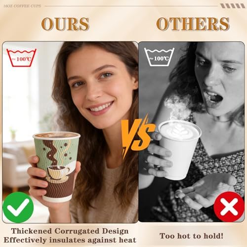 Tazas de café desechables de 16 oz con tapas, paquete de 48, tazas de papel aisladas con pared acanalada para bebidas calientes o frías, viaje, - imagen 4