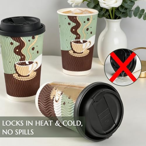 Tazas de café desechables de 16 oz con tapas, paquete de 48, tazas de papel aisladas con pared acanalada para bebidas calientes o frías, viaje, - imagen 5