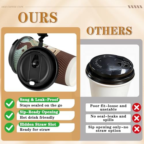 Tazas de café desechables de 16 oz con tapas, paquete de 48, tazas de papel aisladas con pared acanalada para bebidas calientes o frías, viaje, - imagen 6
