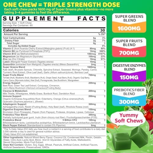 Gomitas de Greens para Adolescentes y Adultos - Multivitaminas Superfood con 40+ Frutas y Verduras, Luteína, Enzimas y Fibra, 1 Paquete - imagen 2