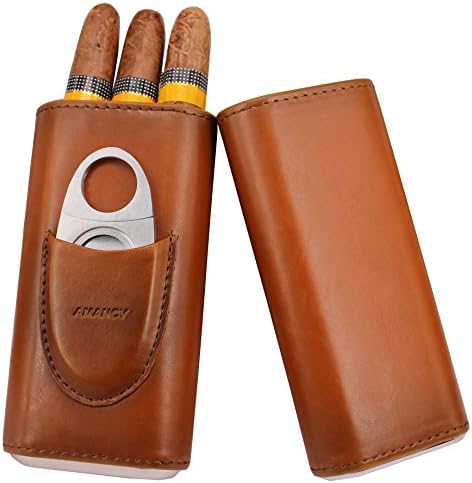 Estuche para cigarros AMANCY Premium de 3 dedos en piel marrón, humidor forrado en madera de cedro con cortador de acero inoxidable plateado - imagen 1