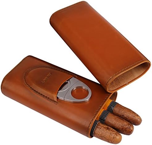 Estuche para cigarros AMANCY Premium de 3 dedos en piel marrón, humidor forrado en madera de cedro con cortador de acero inoxidable plateado - imagen 2