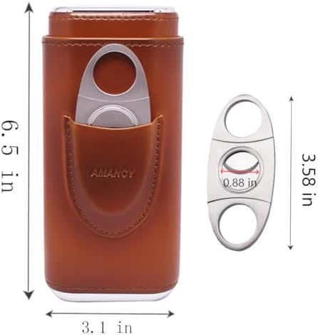Estuche para cigarros AMANCY Premium de 3 dedos en piel marrón, humidor forrado en madera de cedro con cortador de acero inoxidable plateado - imagen 3