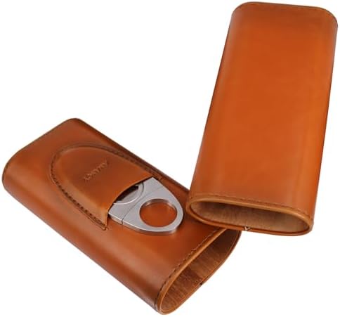 Estuche para cigarros AMANCY Premium de 3 dedos en piel marrón, humidor forrado en madera de cedro con cortador de acero inoxidable plateado - imagen 4