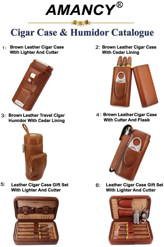 Estuche para cigarros AMANCY Premium de 3 dedos en piel marrón, humidor forrado en madera de cedro con cortador de acero inoxidable plateado - imagen 7