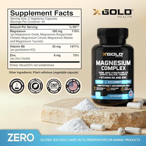 Complejo de Magnesio 5 en 1 con Zinc y Vitamina B6 – Fórmula de Alta Absorción para Sueño, Recuperación Muscular y Energía – 500mg – X Gold Health - imagen 2