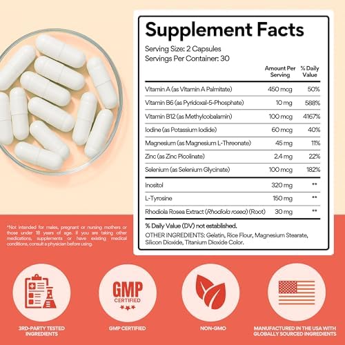 VoomVaya Go Go Thyroid - Suplemento para Tiroides para Mujeres 30+ - Equilibrio Hormonal Femenino con Yodo, Selenio y L-Tirosina - 60 Cápsulas - imagen 7