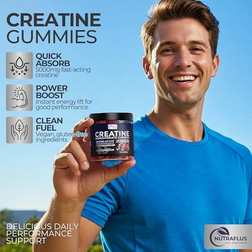 Gomitas de Creatina Monohidratada NUTRAFLUS – Sabor a Berries – 120 Piezas de Suplementos Pre Entreno con BCAA, Taurina y Vitamina B12 para Aumentar - imagen 2