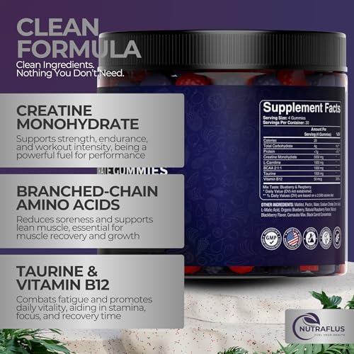 Gomitas de Creatina Monohidratada NUTRAFLUS – Sabor a Berries – 120 Piezas de Suplementos Pre Entreno con BCAA, Taurina y Vitamina B12 para Aumentar - imagen 3